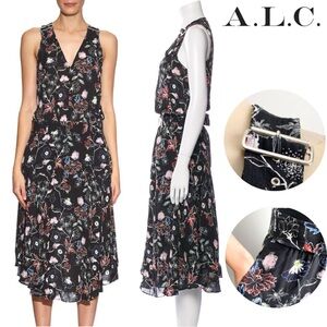 A.L.C Silk Costello Floral Sleeveless Midi Dress Buckle Black Red White Formal